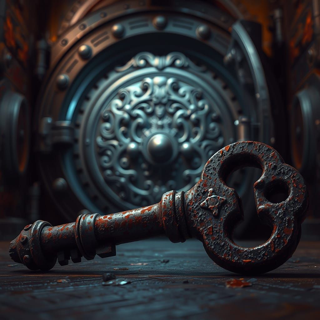 Ornate Bank Vault Key in Dramatic Lighting