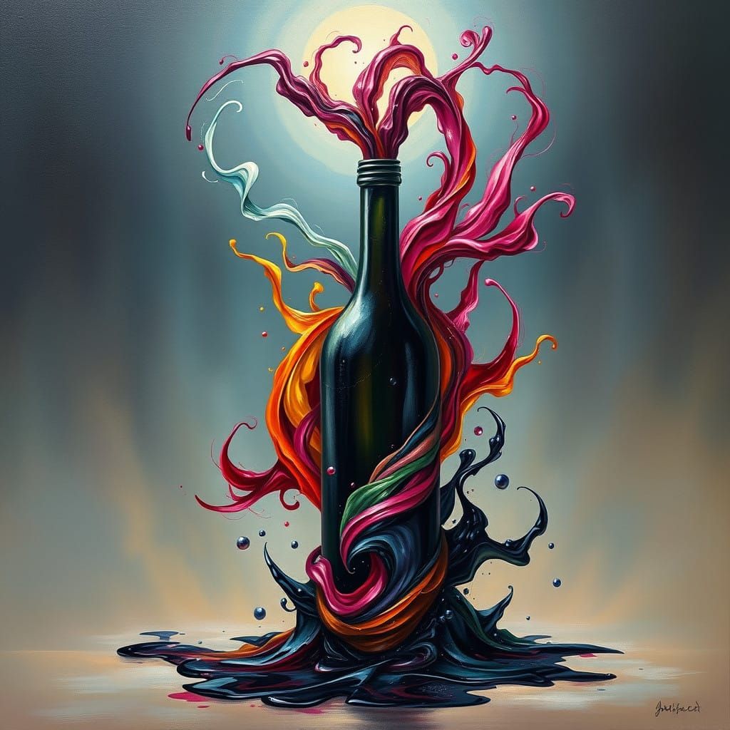 Dreamlike Inspiration Erupts from a Wine Bottle in Surrealis...