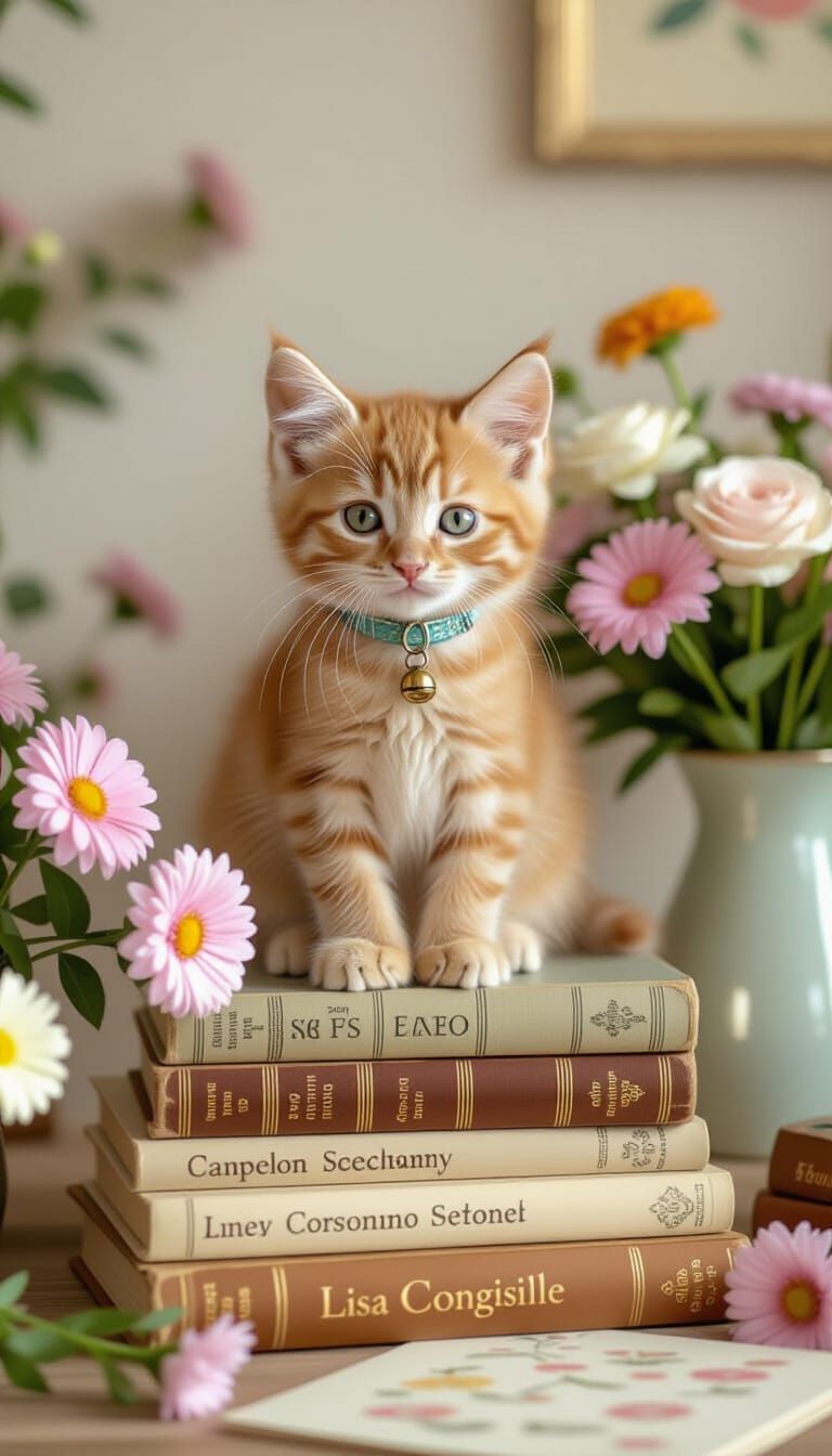 Ginger Kitten Amidst Textbooks in Beatrix Potter Style