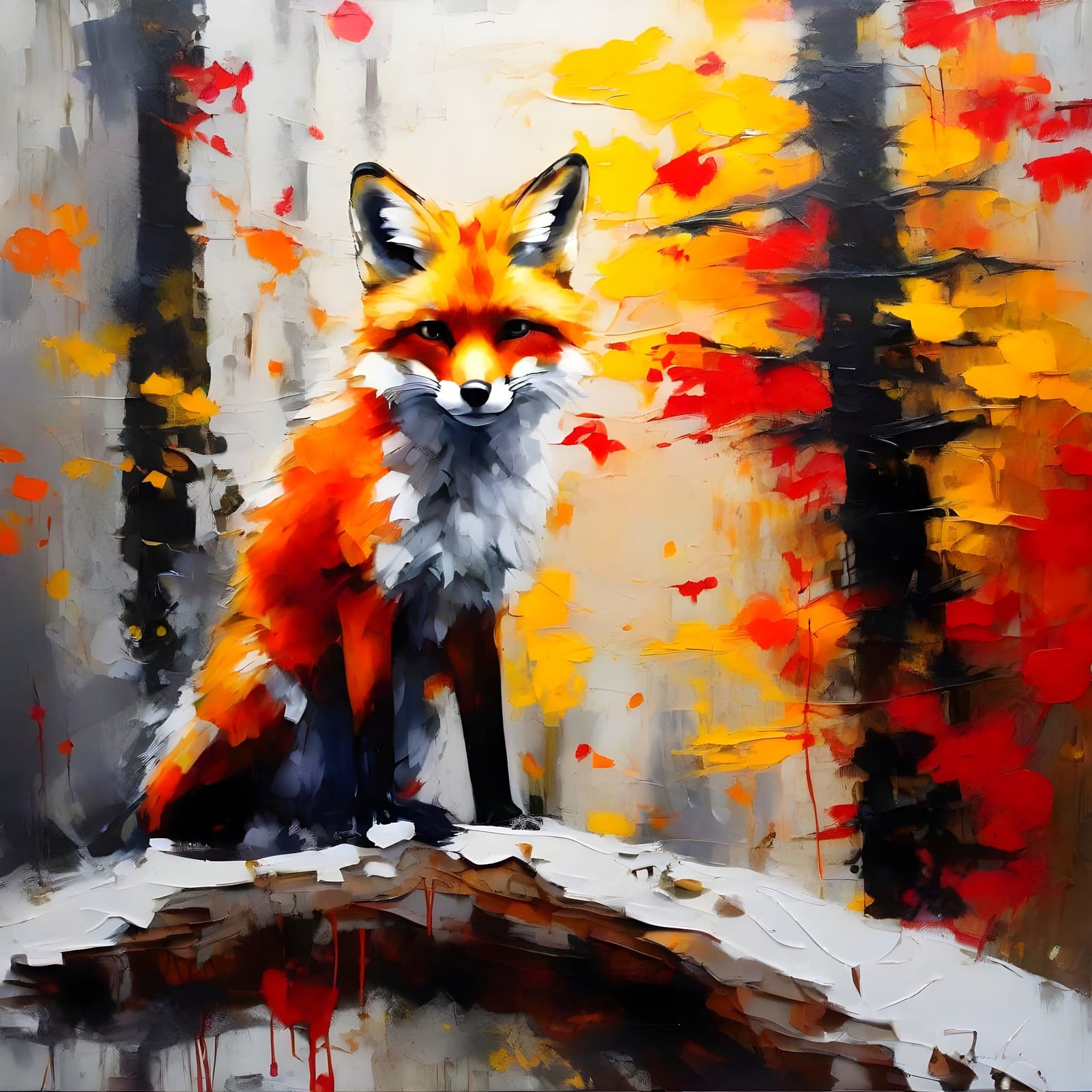 Red Fox in Autumn Forest, Grungy Impasto Oil Painting