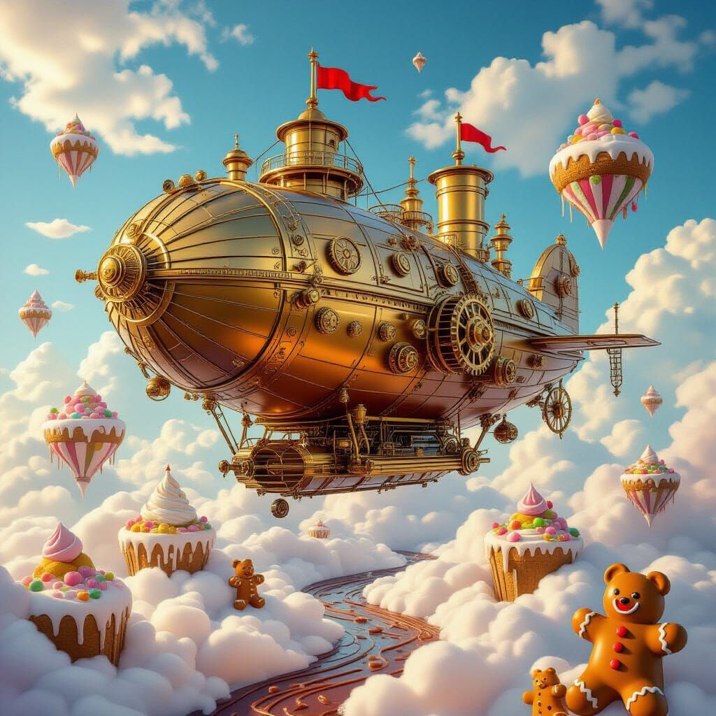 Steampunk Airship Over Whimsical Candy Landscape