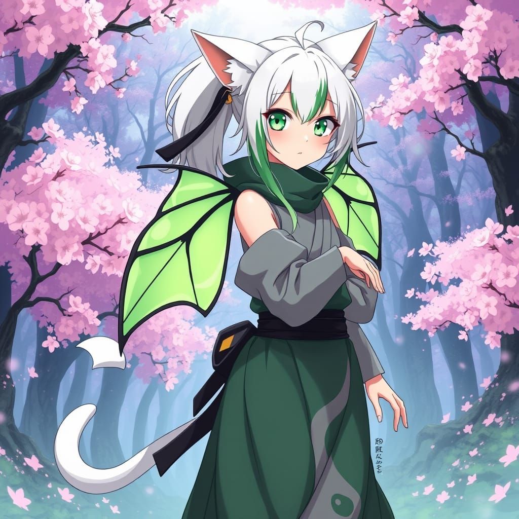 Anime Ninja Girl with Luna Moth Wings in Cherry Blossom Fore...