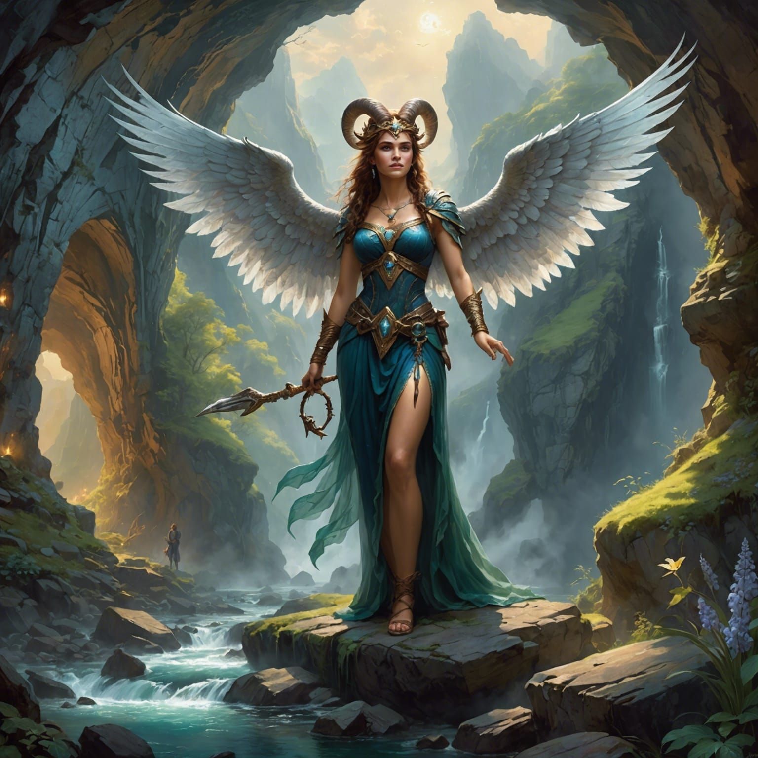 Fae Maiden with Eagle Wings in Cliff Cave
