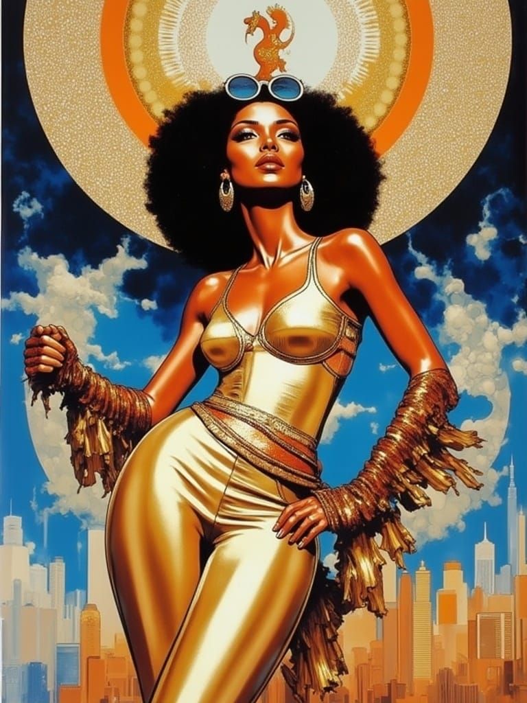 Golden Pop Art Portrait of a Glamorous Woman in Retro Citysc...