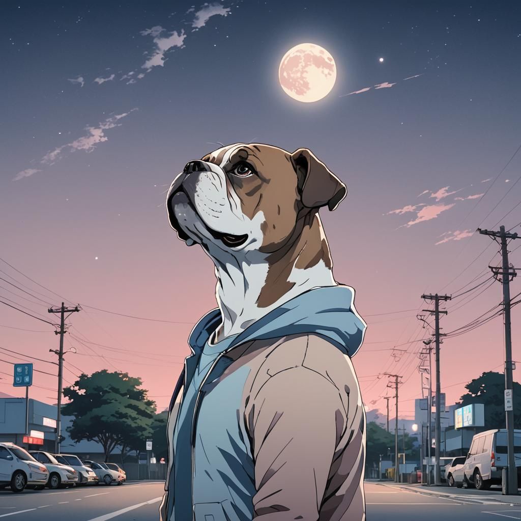 Man and Bulldog Moonlit Parking Lot, Anime Style