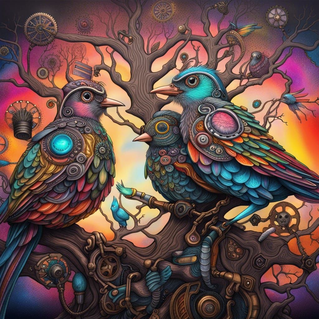 Steampunk Birds Debate AI in Psychedelic Tree Art