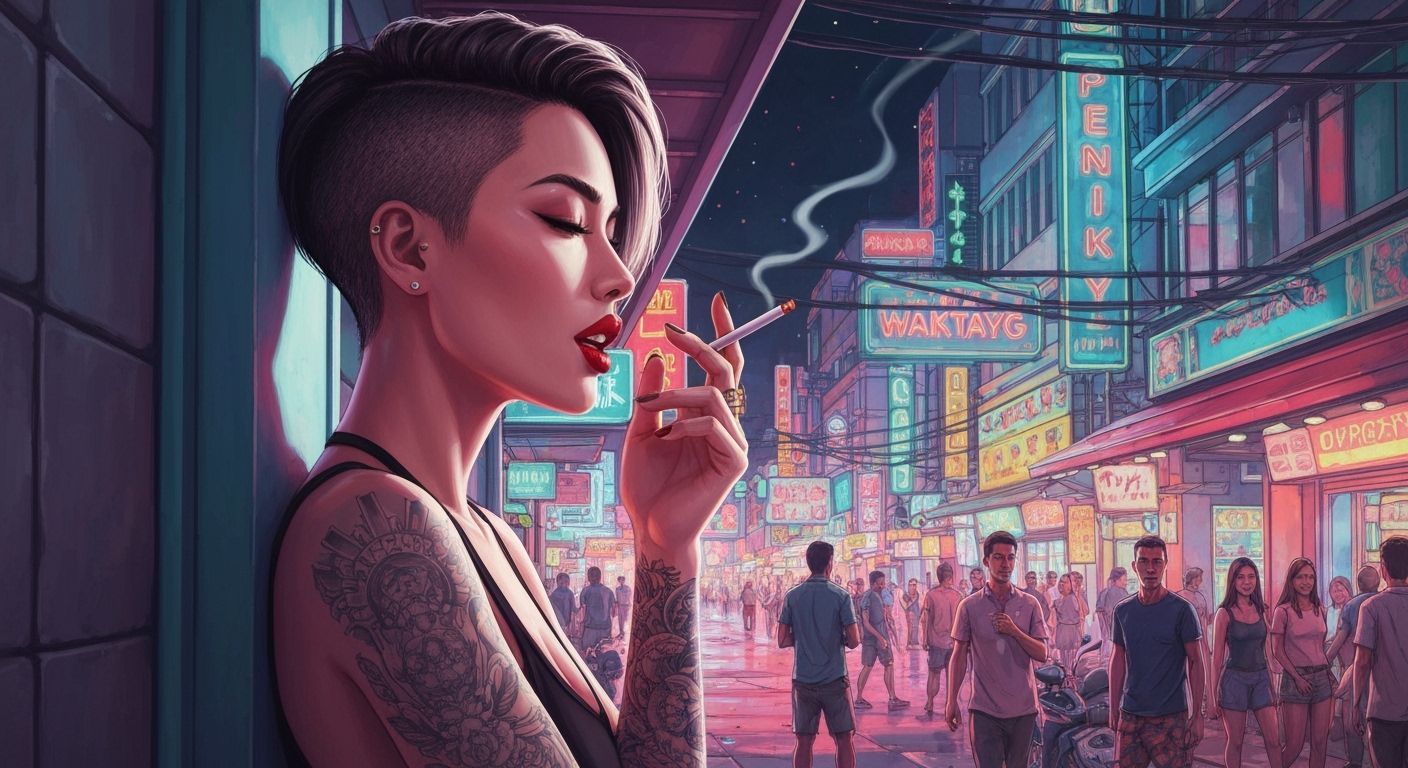 Thai Woman in Cartoon Pattaya Nightscape: Splash Art