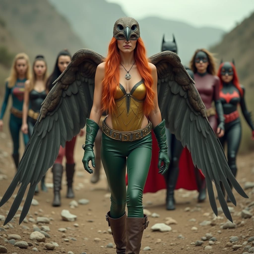 Hawkgirl and Batgirl With Superheroes on Rugged Terrain