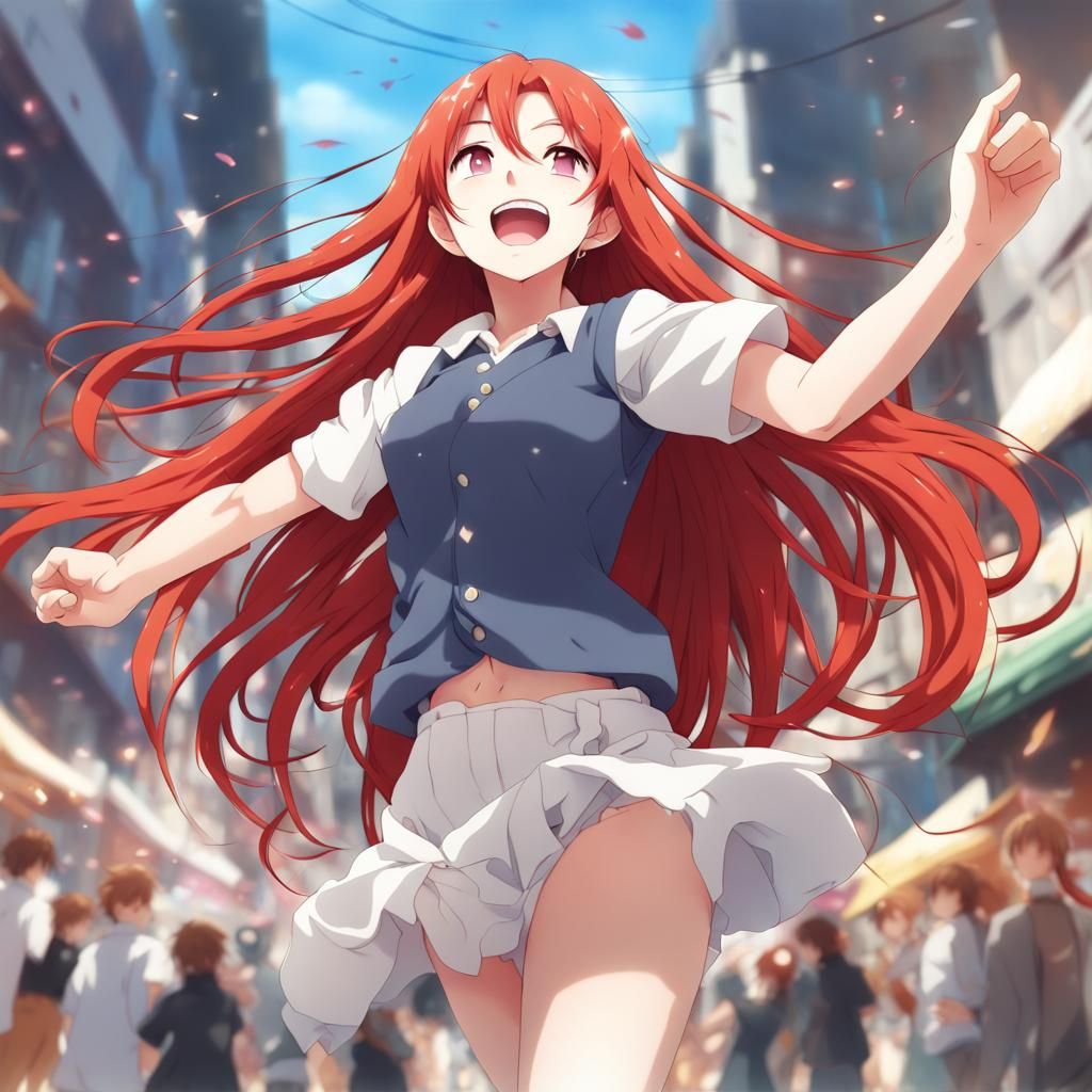 Excited Redhead Celebration in Anime Style
