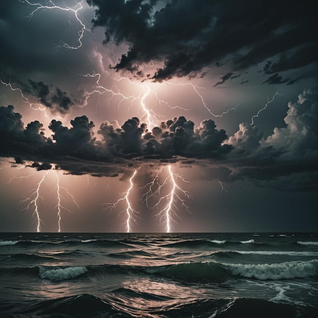 Dramatic Lightning Storm Over a Turbulent Sea
