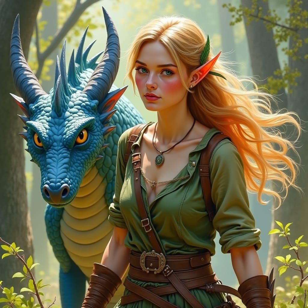 Wood Elf and Blue Dragon in Oil Painting Style