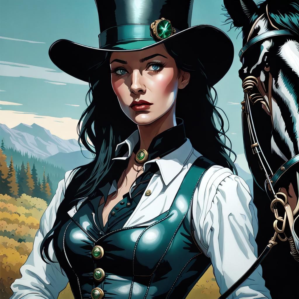 Sleepy Hollow Woman with Black Horse in 8k