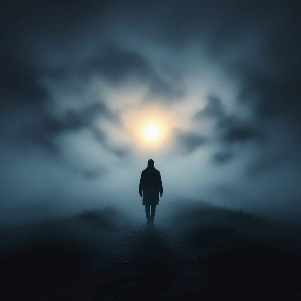 Lone Silhouette Walks Through Misty Darkness Towards Distant...