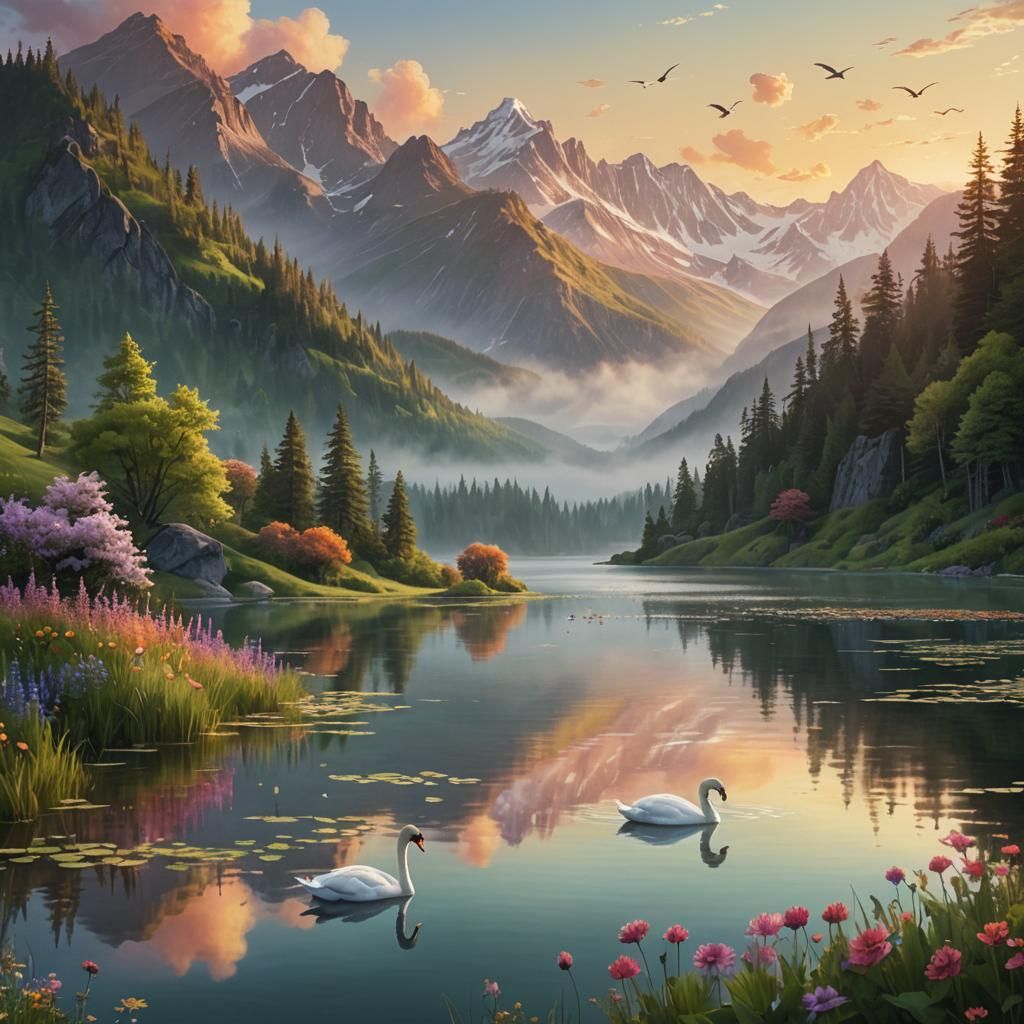 Sunrise Swan: A Matte Painting Landscape