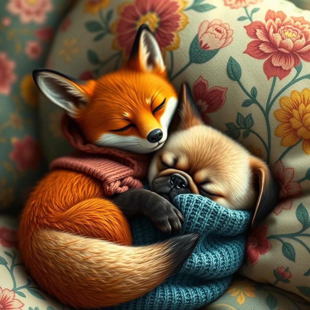 Fox and Pug Snuggled on Floral Cushion