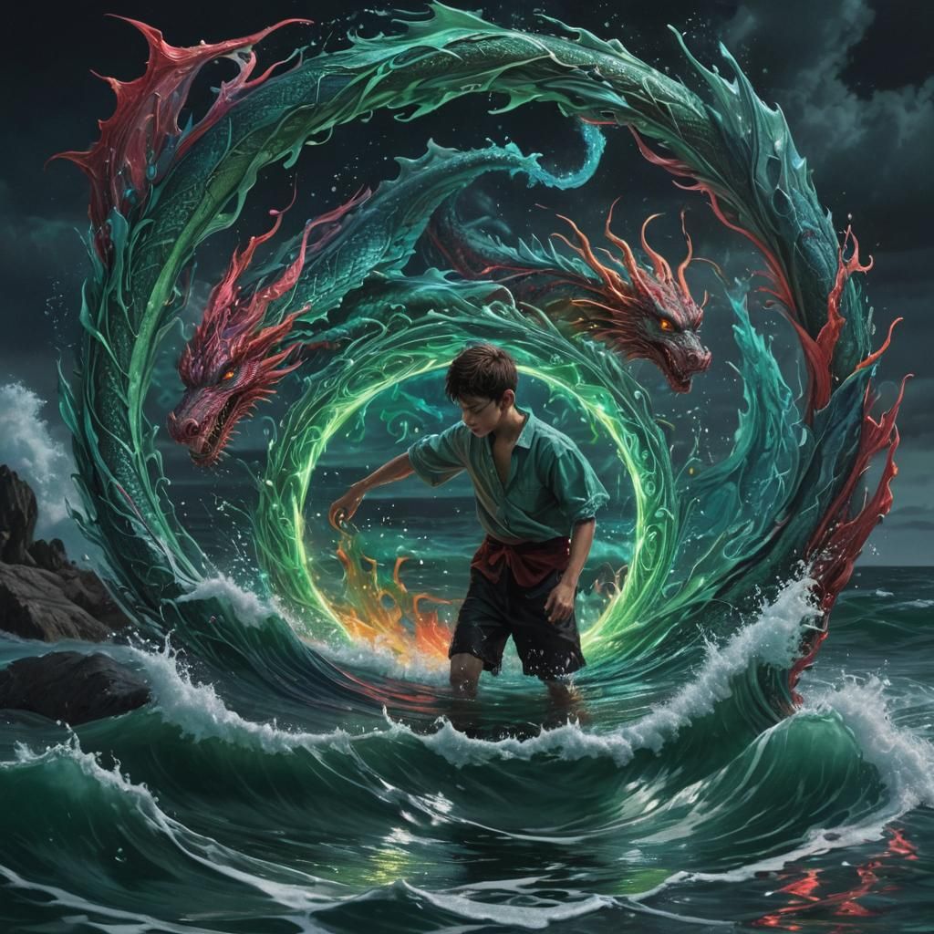 Boy Conjuring Dragons with Magic in Neon Colors