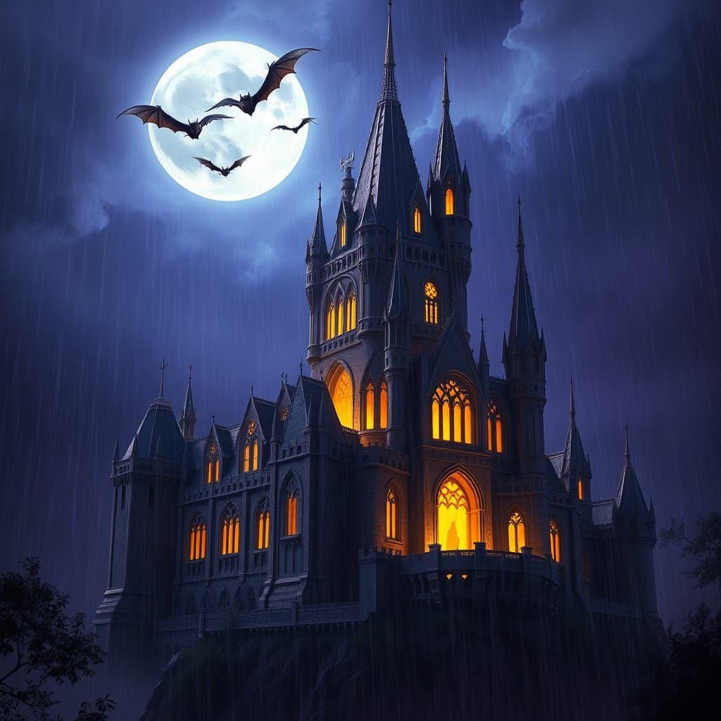 Mystical Castle Under Thunderstorm Moonlight in Dark Fantasy...