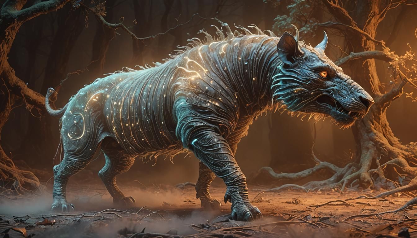 Bioluminescent Chimera in Misty Forest, Surreal Art