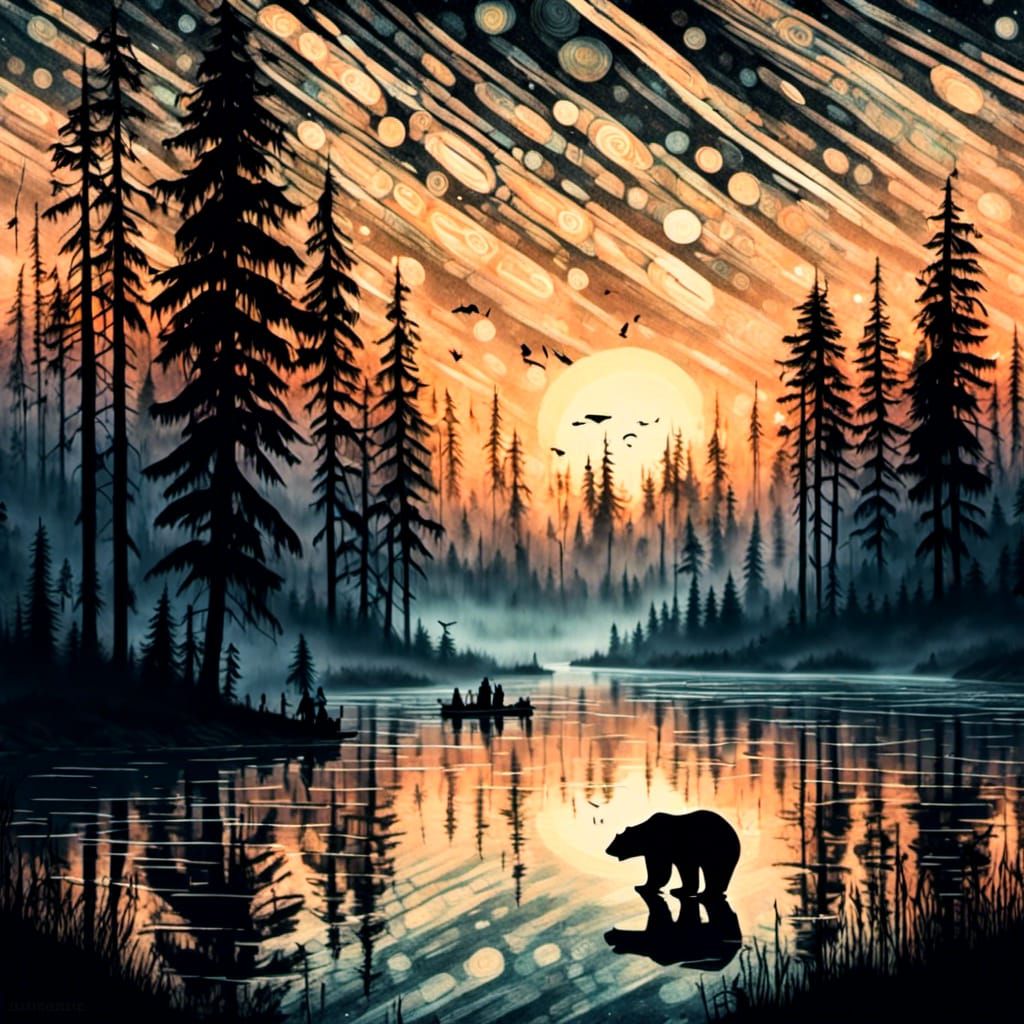 Bear Silhouette with Midnight Reflections