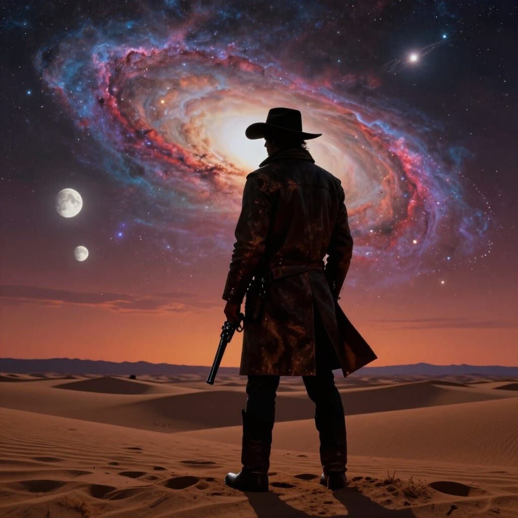 Cowboy on Alien Desert Under Galactic Sky
