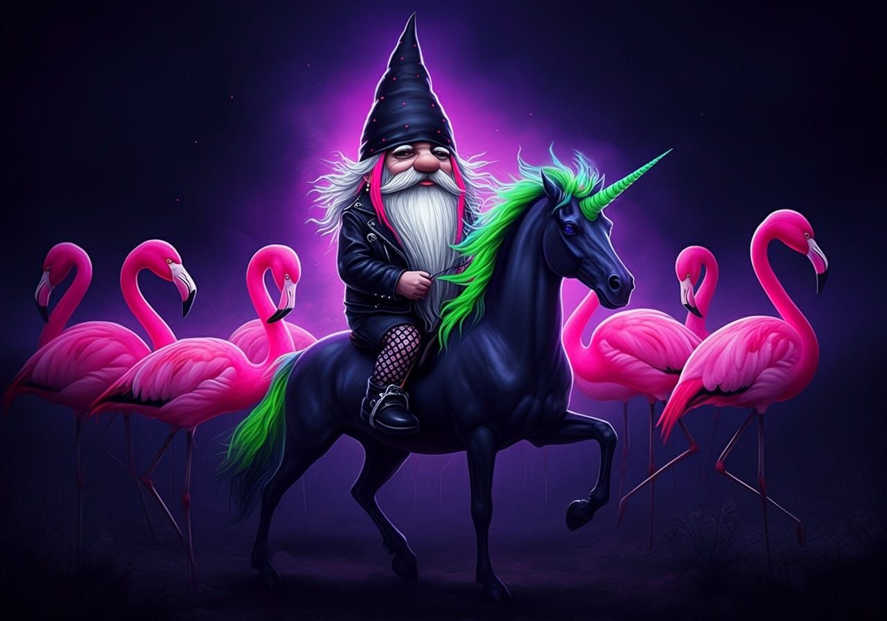 Emo-Goth Gnome Rides Unicorn Through Flamingo Flock