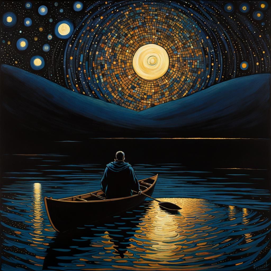 Cloaked Man Rowing Boat on Starry Night