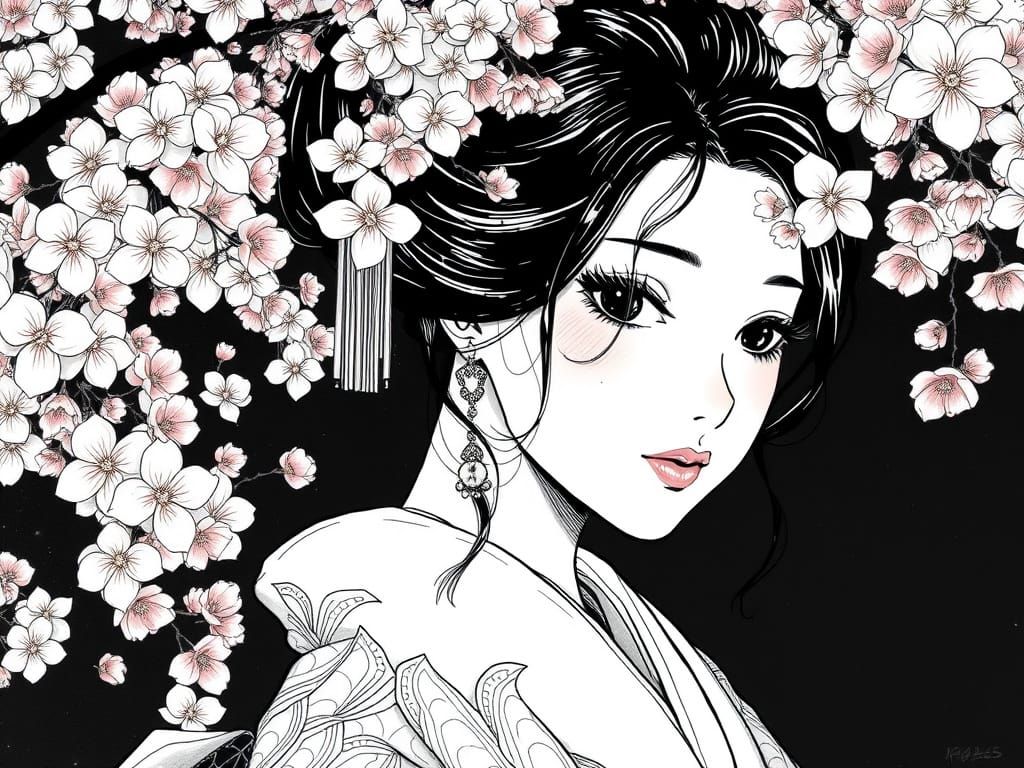 Beautiful Geisha Woman in Hand-Drawn Manga Style