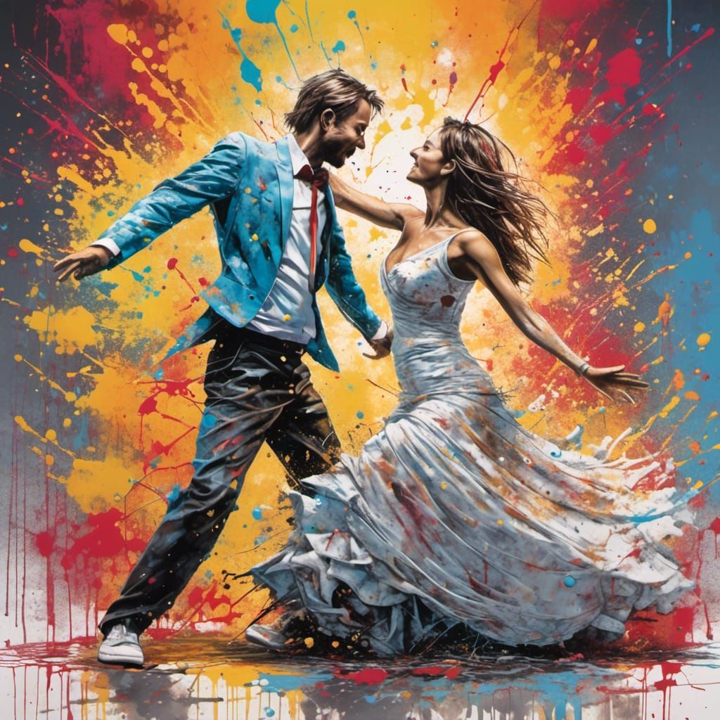 Husband and Wife Wedding Dance in Splash Art Style