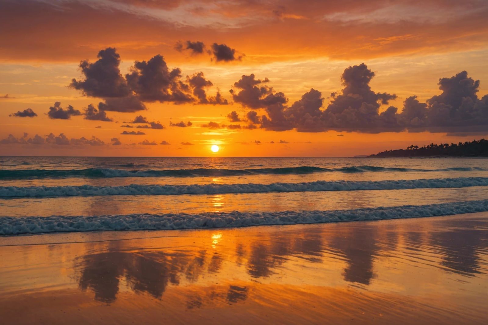 Tropical Beach Sunset with Reflected Orange Hues