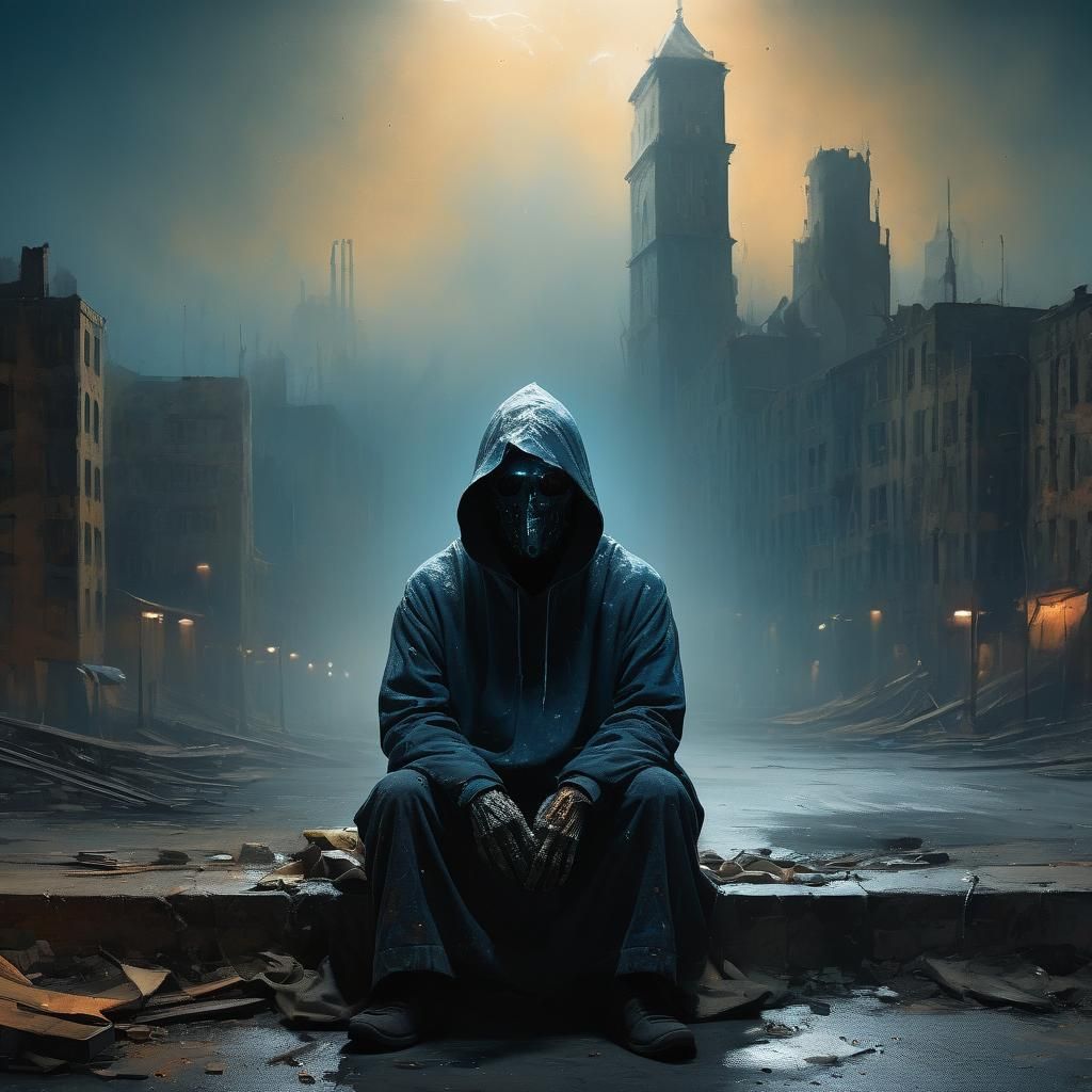 Hooded Figure in Abandoned Cityscape: Surreal Oil Painting