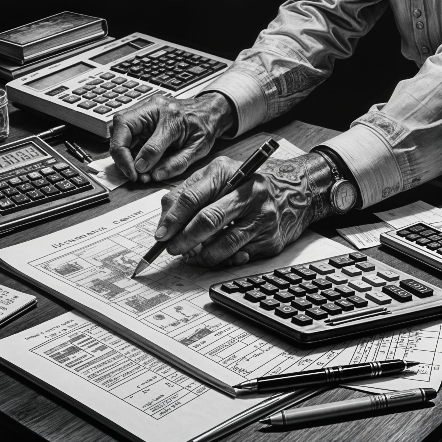Hyperdetailed Charcoal Drawing of Accounting Scene