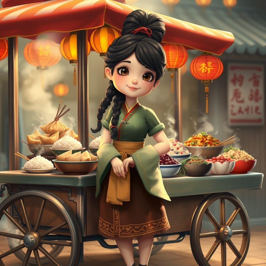Whimsical Chinese Food Peddler with Vibrant Cart