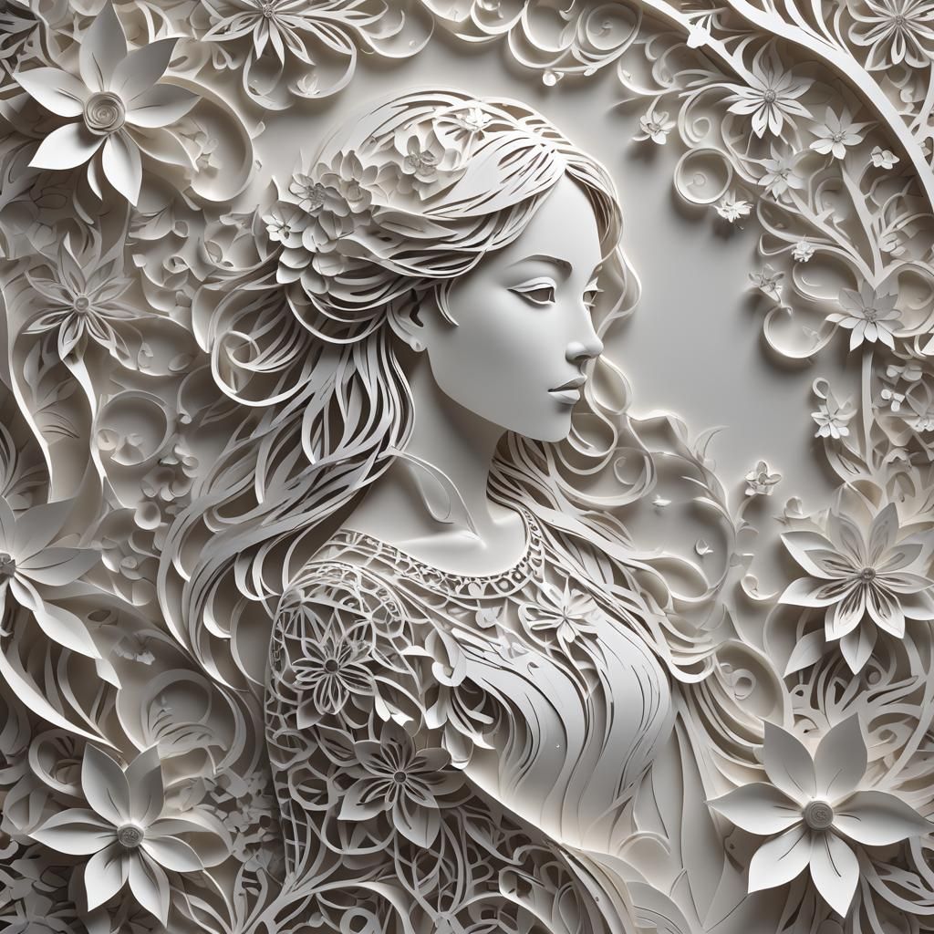 Backlit Kirigami Girl on Swirling Flowers