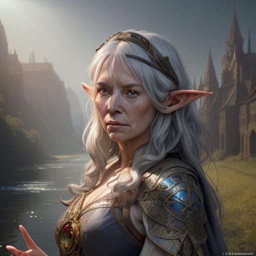 Elf Priestess Portrait on River Barge, Digital Art