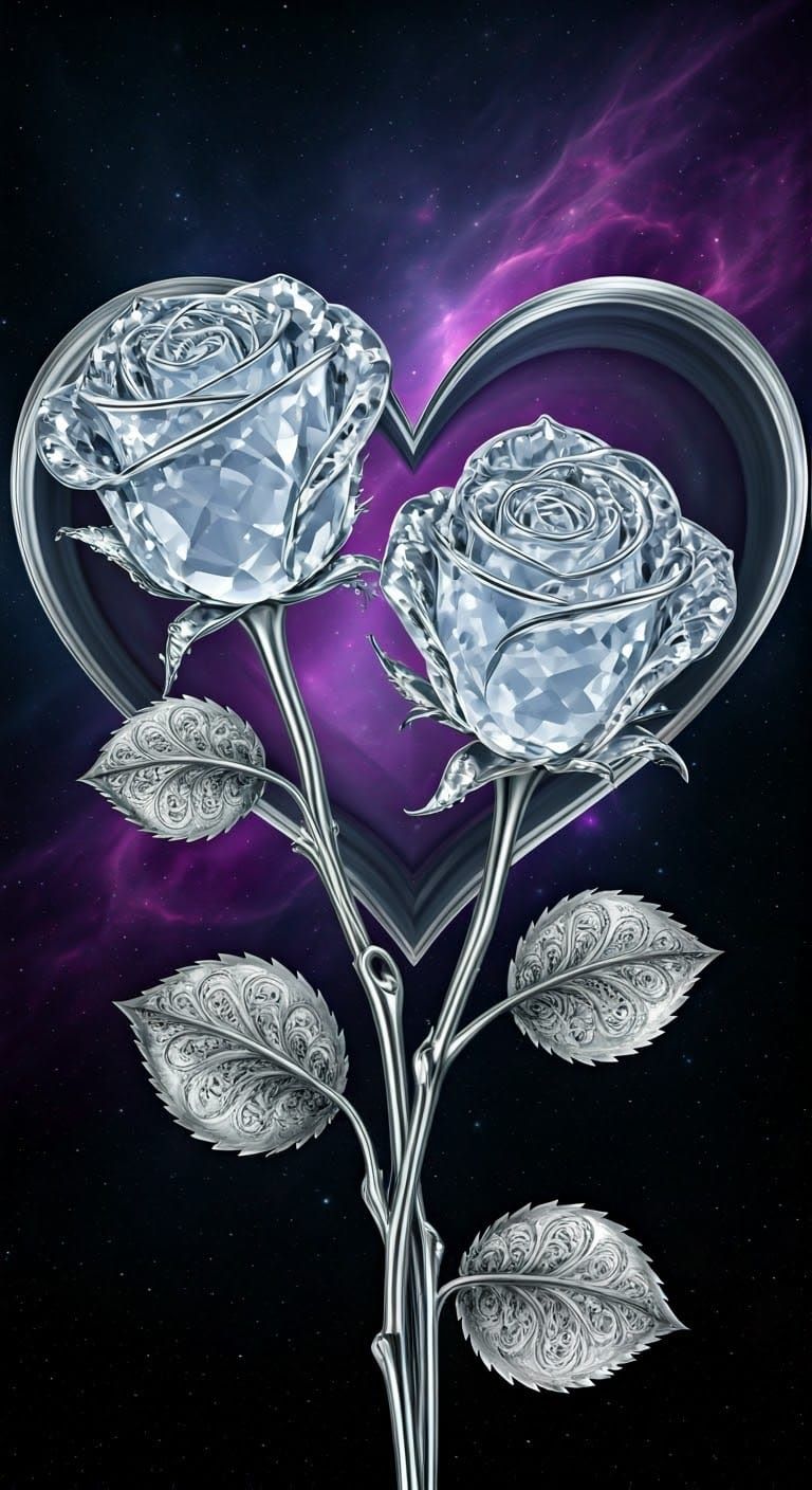 Crystalline Roses with Silver Trim Against Nebula
