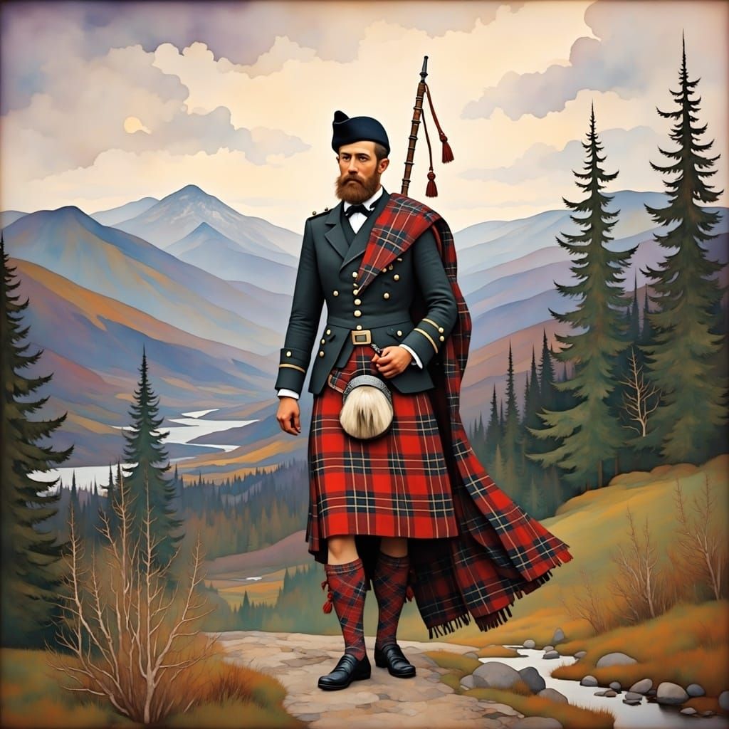 Scottish Highlands Kilt in Misty Landscape