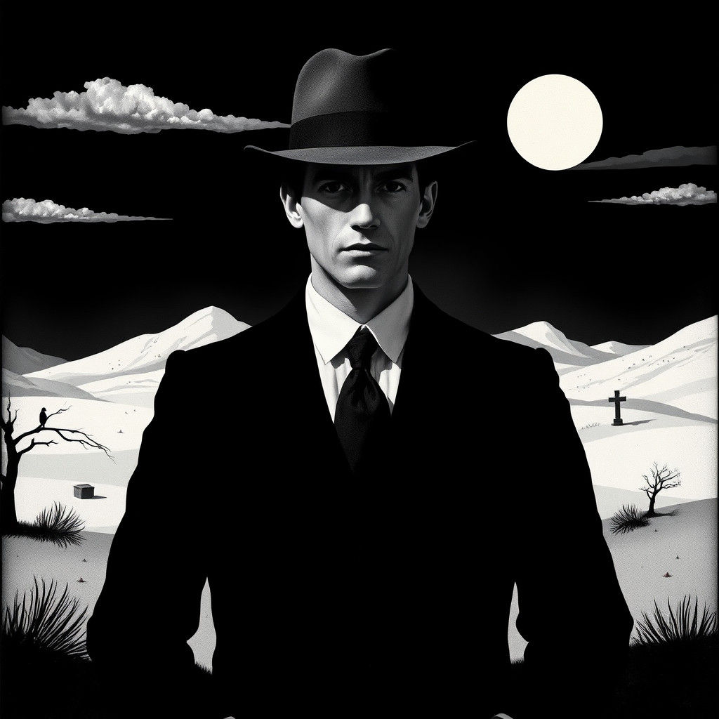 Surreal Bowler Hat Man in Dreamlike Landscape