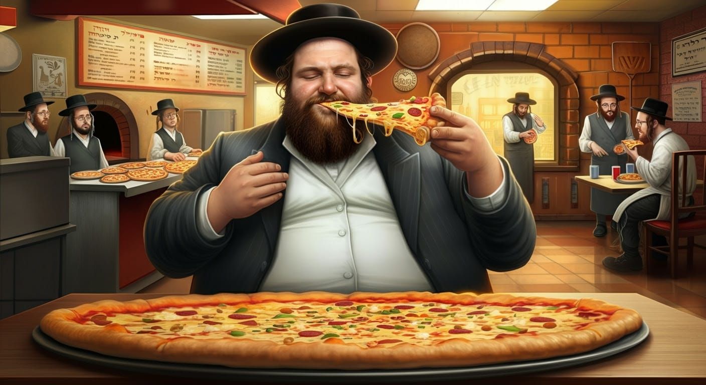 A Determined Hasidic Man Savoring a Kosher Pizza in a Jewish...