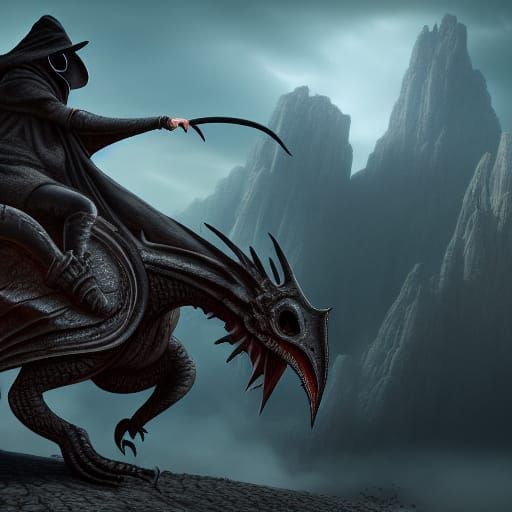 Plague Doctor Rides Dragon in Wasteland Art