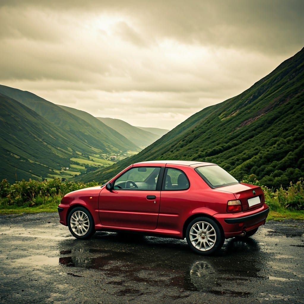 Sleek Crimson Fiat Seicento Roadster on Rain-Kissed Mountain...