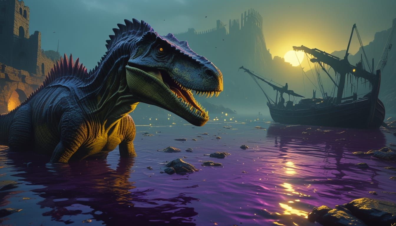 Spinosaurus in Ruined Harbor: Dark Fantasy Art