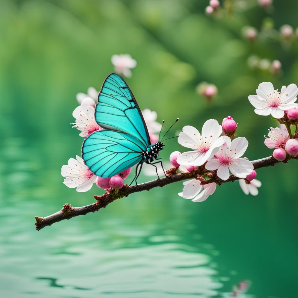 Turquoise Butterfly on Cherry Blossom Branch