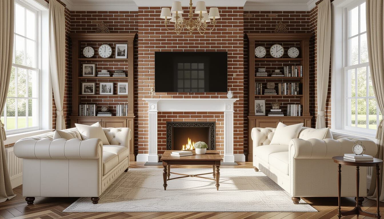 Elegant Victorian Living Room with Ivory and Brick Accents