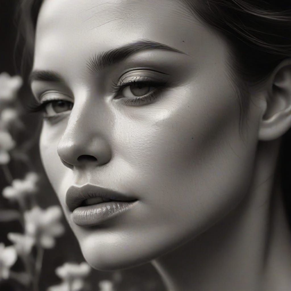 Ethereal Woman Portrait in Charcoal Drawing Style