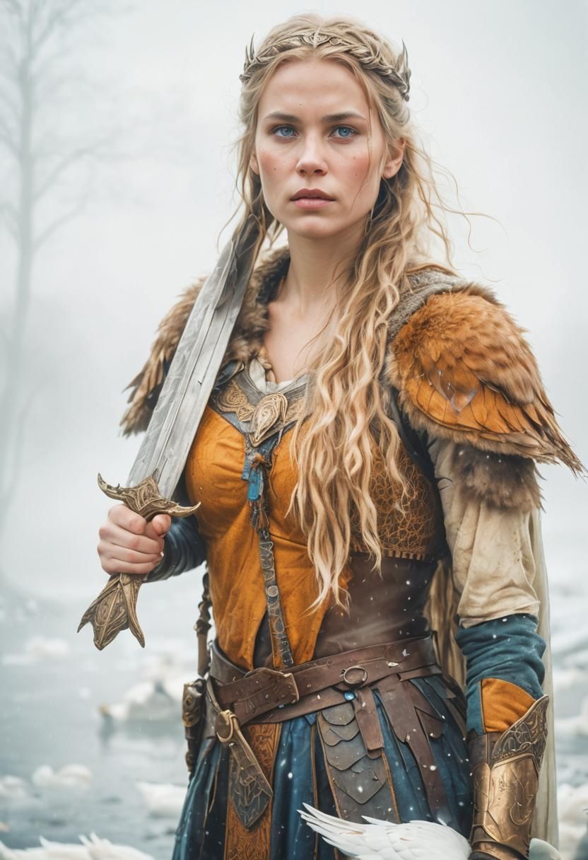 Valkyrie in Misty Forest with Swans
