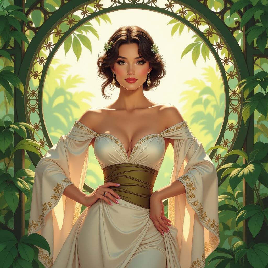 Elegant Woman in Greenery, Art Nouveau Style
