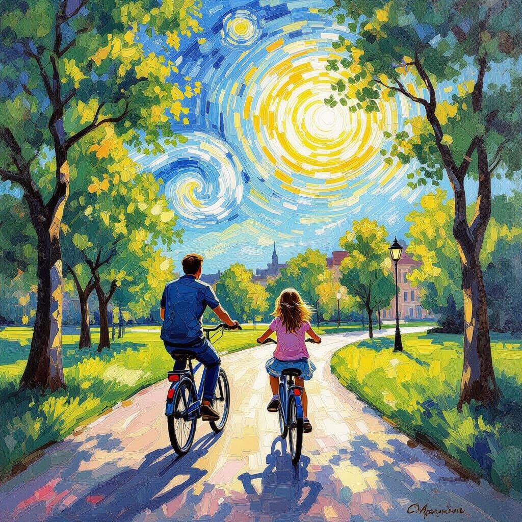 Father and Daughter Cycling: Neo-Impressionist Painting