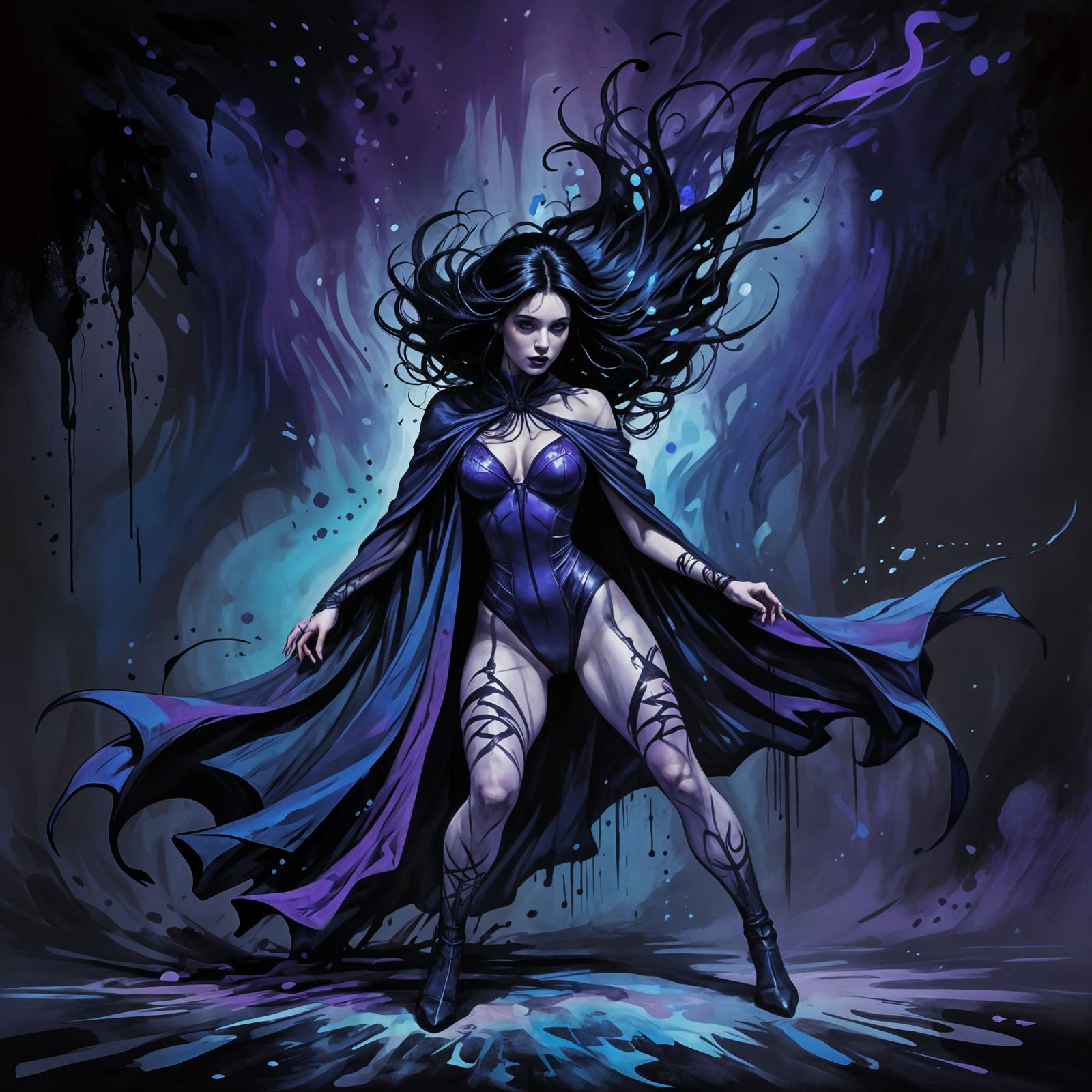 Goth Woman Dancing on Void Water as Ink Painting