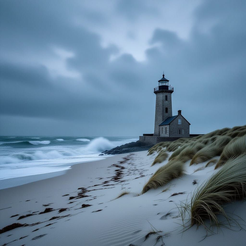 Stoic Lighthouse on Desolate Beach in Hyperrealistic Photo