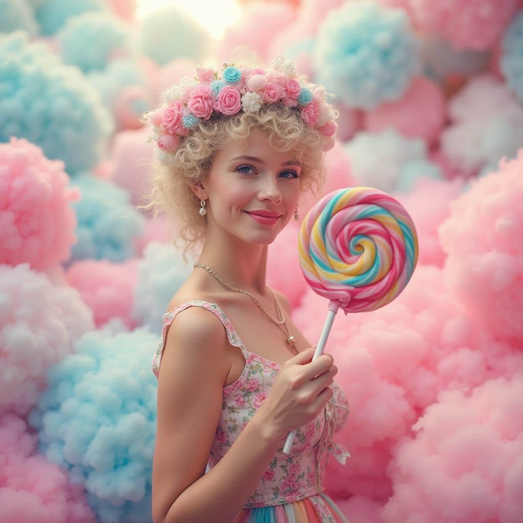Whimsical Woman in Carnival of Cotton Candy, Dreamy Art